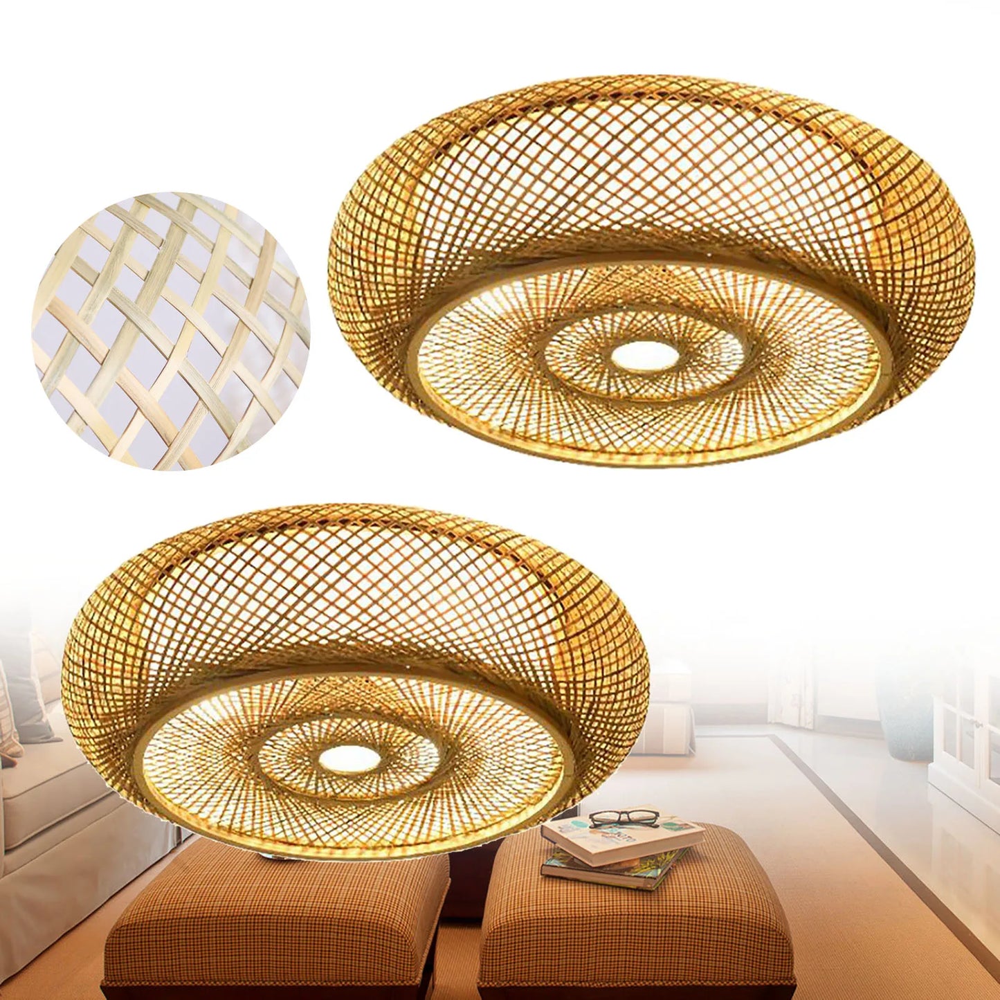 E27 Bamboo Flush Mount Ceiling Light Rustic Rattan Hanging Lamp 3-Lamp 110V 220V 40cm 50cm Bulb Not Included