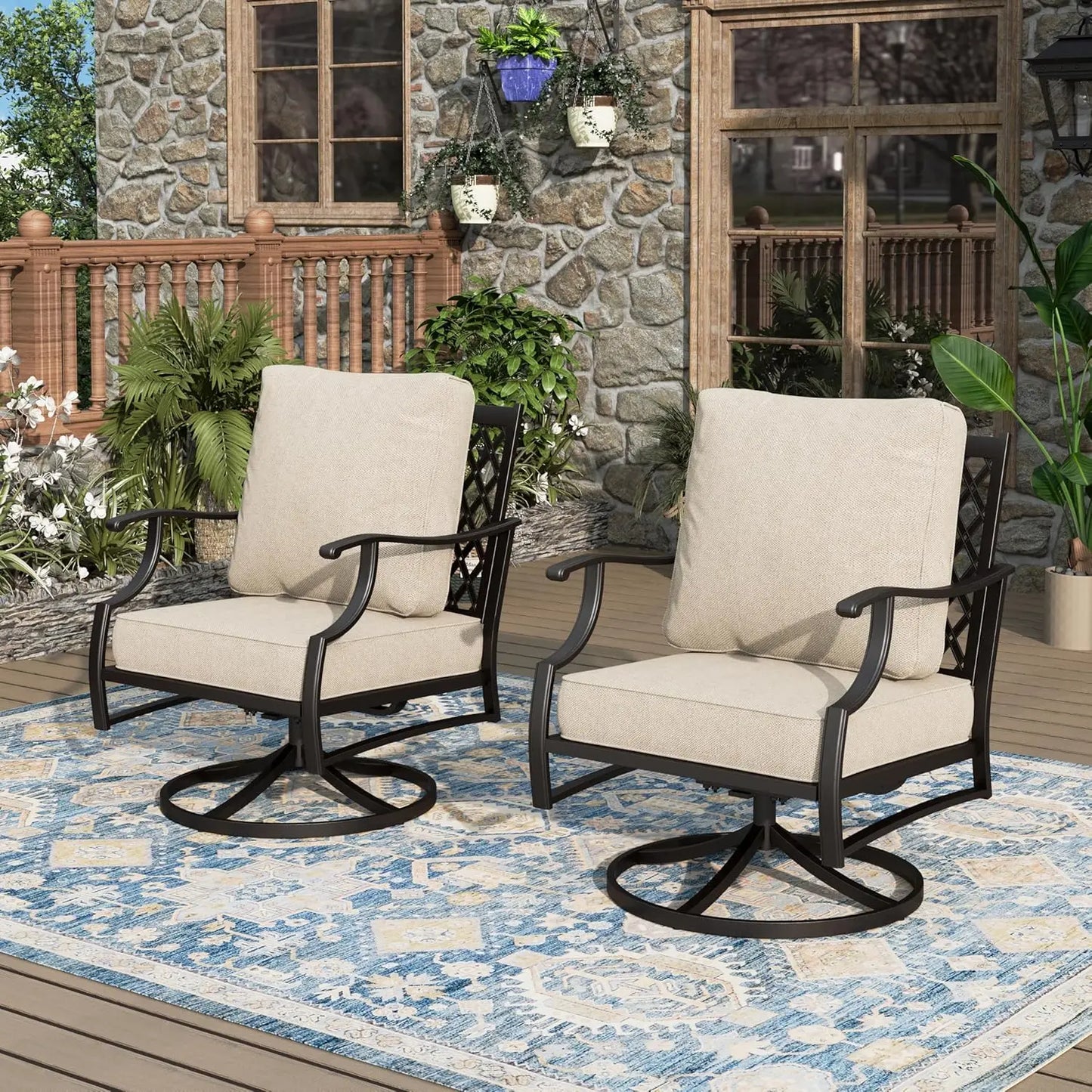 Set Of 2 Swivel Patio Chairs High Back Outdoor Metal Cushioned Bistro Seating