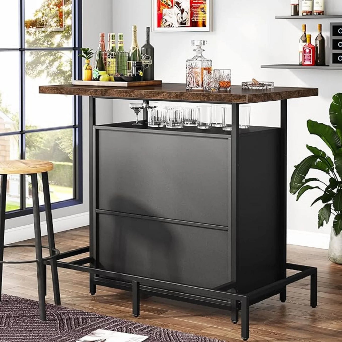 Tribesigns Home Bar Cabinet With Footrest And Stemware Rack