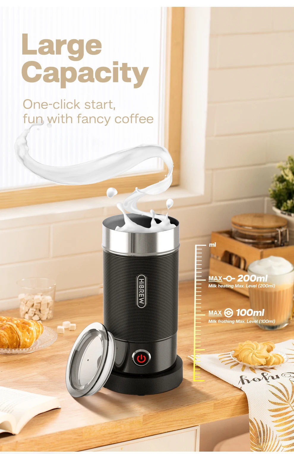 HiBREW Electric Milk Frother Foaming Mixer for Hot and Cold Latte Cappuccino Fully Automatic Milk Warmer Model M1A