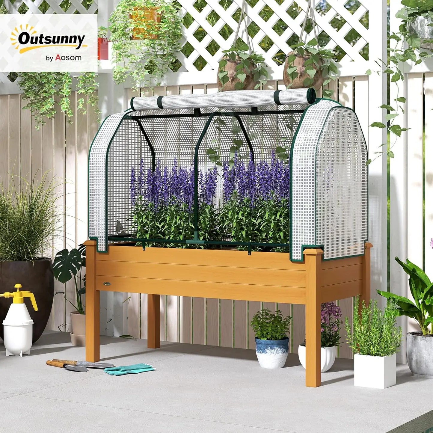 Raised Garden Bed With PE Greenhouse Cover Outdoor Elevated Planter Box