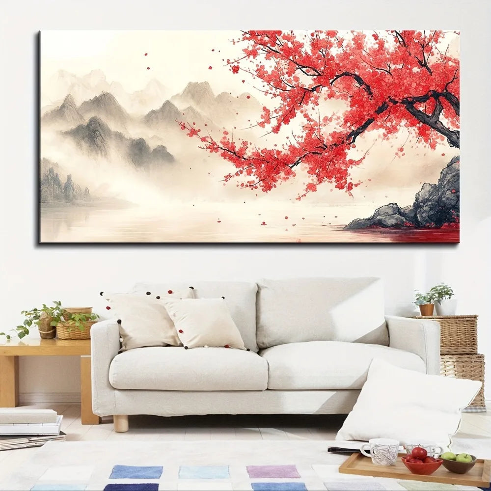 1.5 Inch Pine Wood Frame Pink Plum Mural Wall Art Black And White Landscape