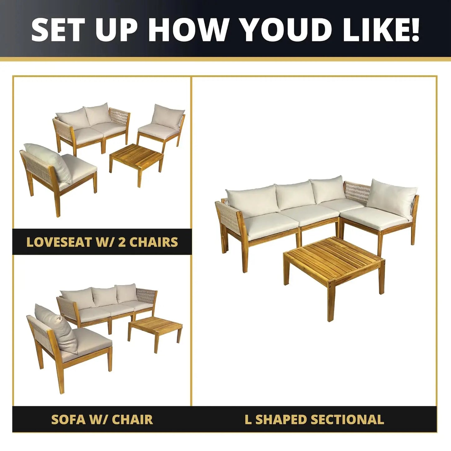 Steven 5 Piece Acacia Wood Outdoor Patio Furniture Set With Cushions