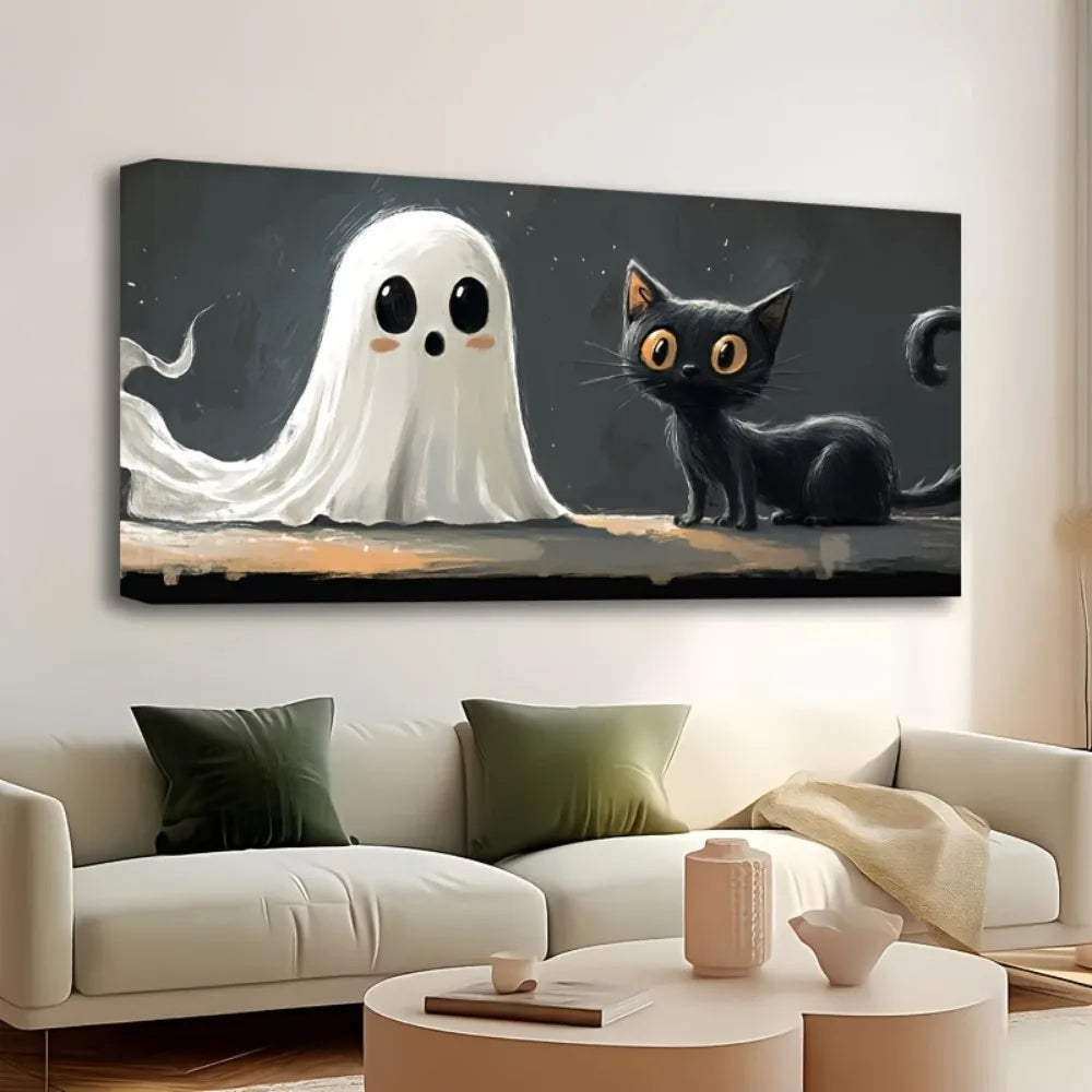 Whimsical Halloween Wall Art In Pine Wood Frame With Cute Black Cat