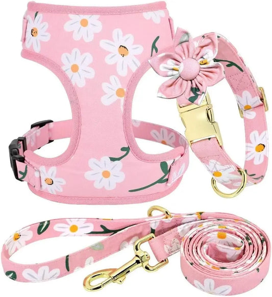 Pink Dog Collar Harness Leash Set With Flower Adjustable Soft Mesh Vest For Dogs