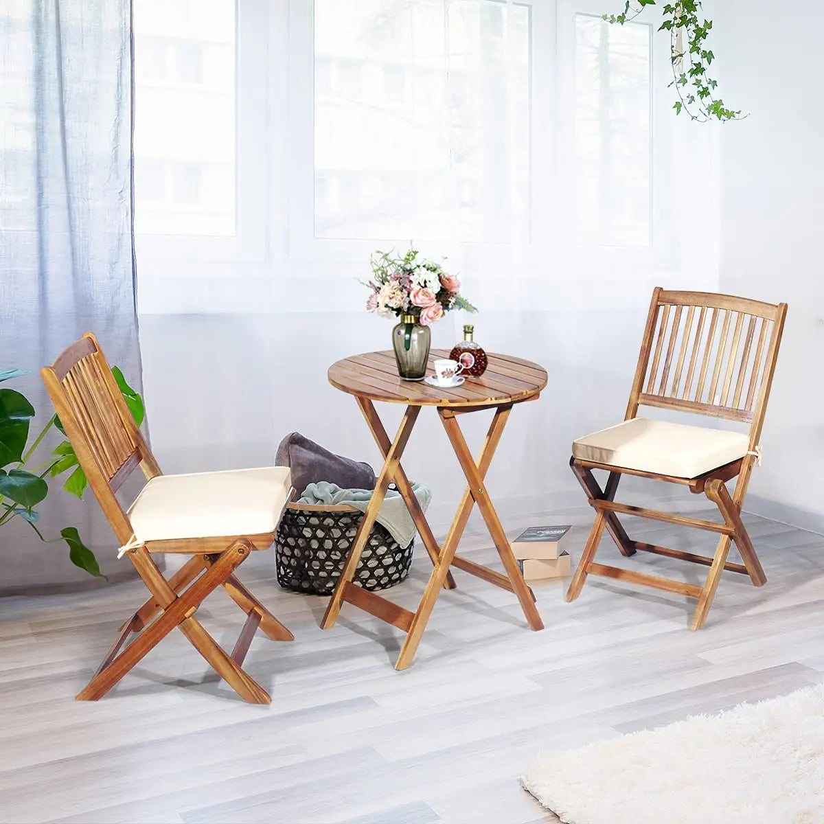 3 Piece Patio Bistro Set Acacia Wood With Folding Round Table Cushions Outdoor