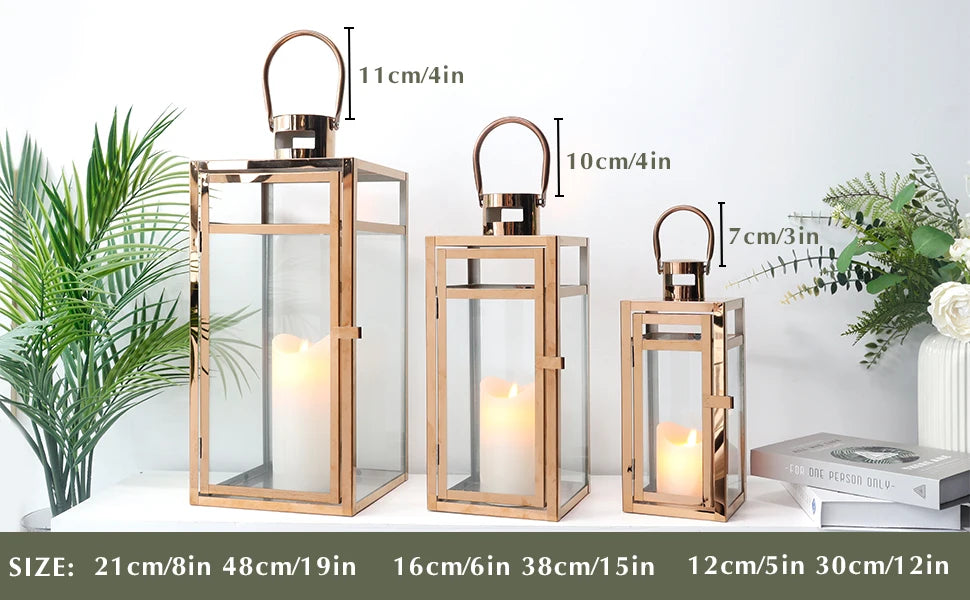 Set Of 3 Rose Gold Stainless Steel Candle Lanterns 19 Inch