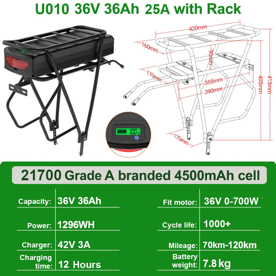 Rear Rack EBike Battery 52V 48V 27Ah 24 28 Inch Optional