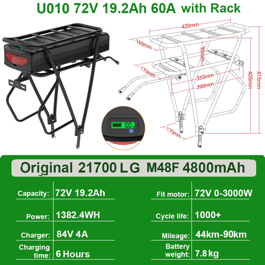 Rear Rack EBike Battery 52V 48V 27Ah 24 28 Inch Optional
