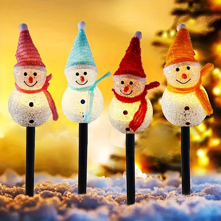 Solar Powered Snowman Lights 4-Piece Set With 1 Solar Panel Christmas Lawn LED
