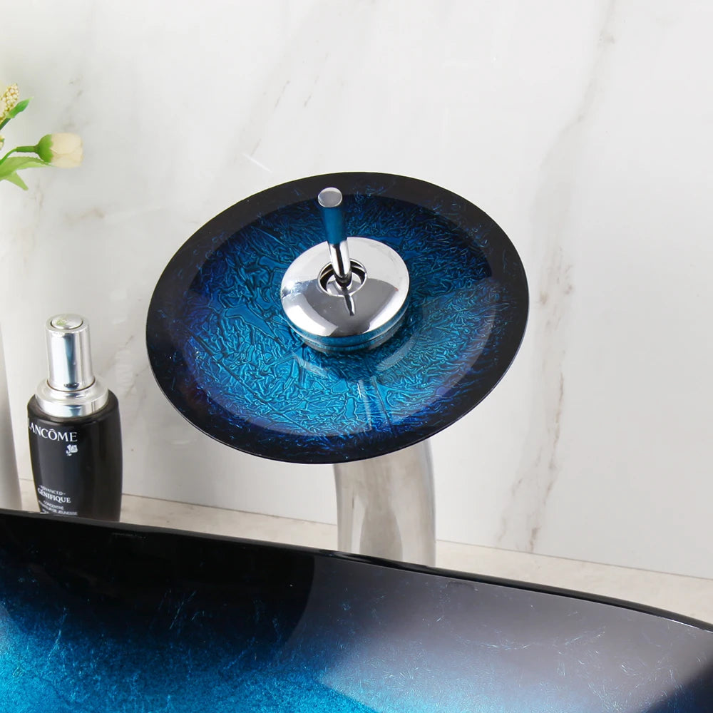 Oval Blue Glass Vessel Sink With Faucet Boat Shape