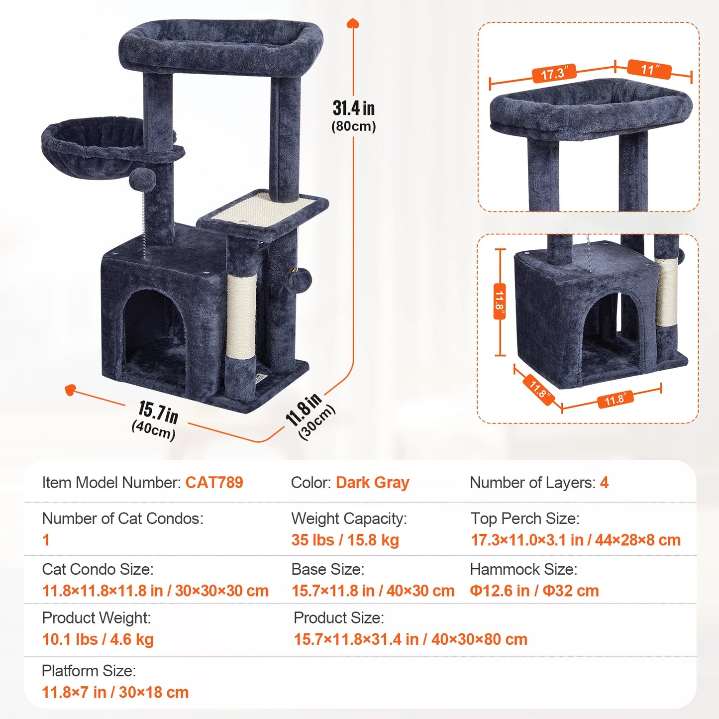 SucceBuy Dark Grey Cat Tree With Condo And Sisal Post