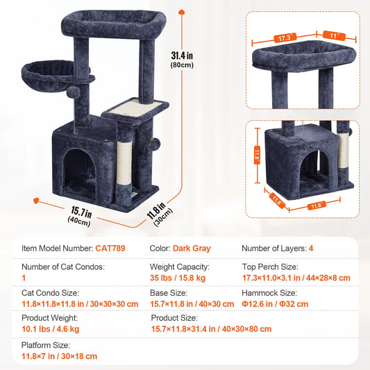 SucceBuy Dark Grey Cat Tree With Condo And Sisal Post