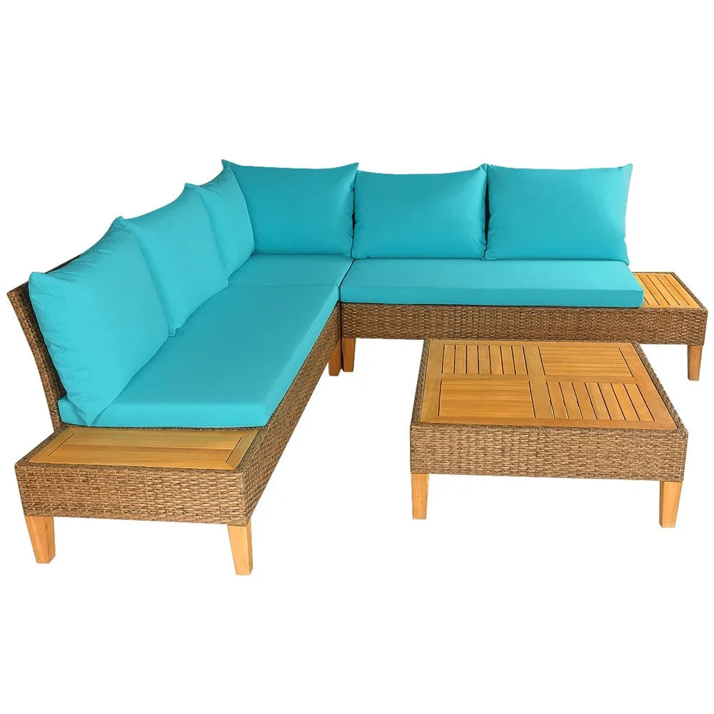 4 Piece Rattan Patio Sofa Set With Turquoise Cushions Outdoor Furniture