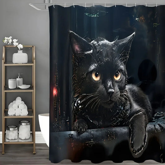 Cute Cat Shower Curtain Waterproof With 12 Hooks Bath Decor