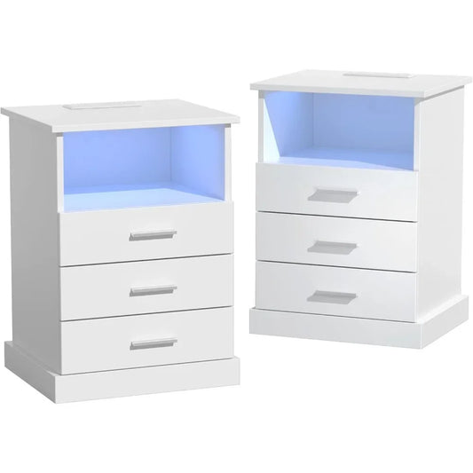 Nightstand With Charging Station LED Lights Drawers