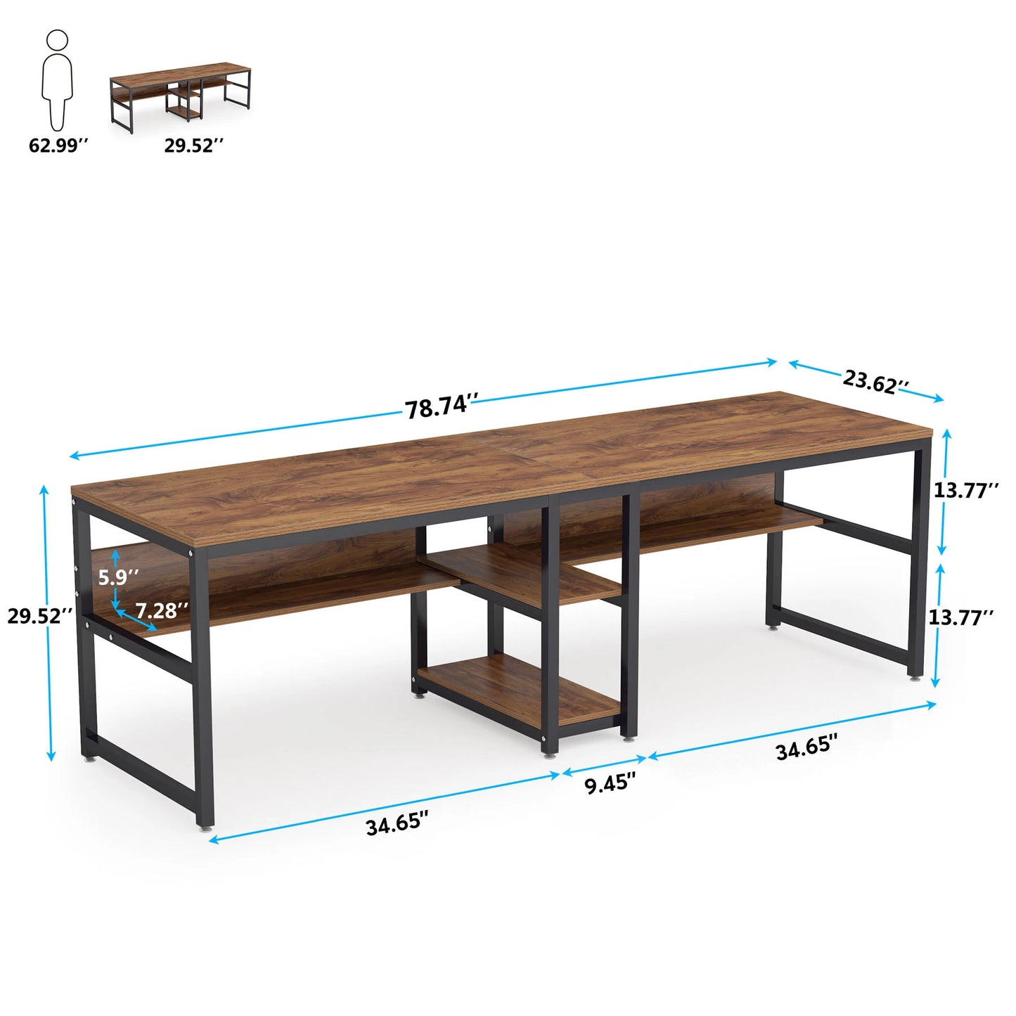 Tribesigns Two Person Desk With Bookshelf 78.7 Inch Rustic Double Computer Desk
