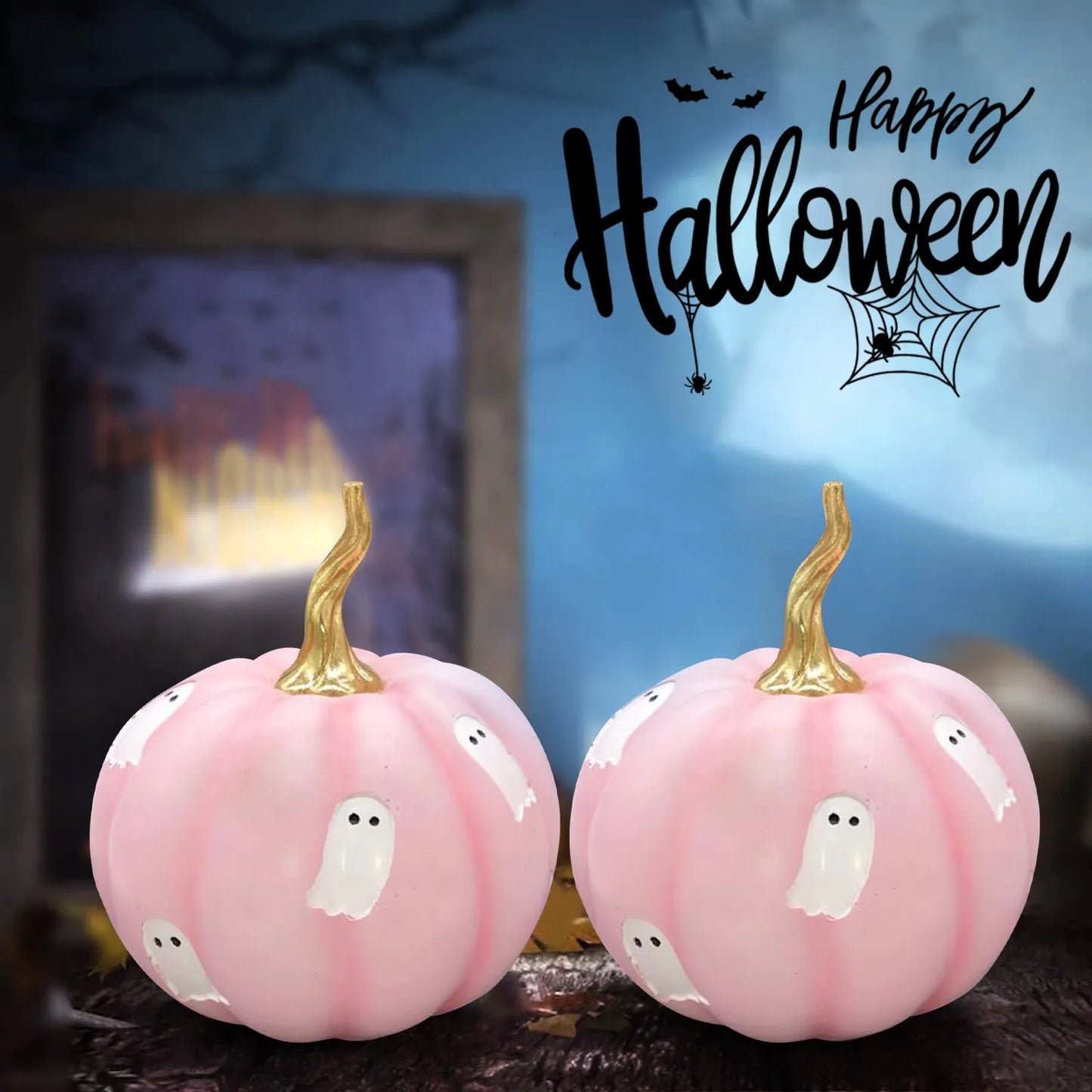 Pinks Pumpkin Halloween Decoration 18 Cm Resin Kawaii Mantle Table Centerpiece Indoor Shelf Party Prop Gift Ready Box