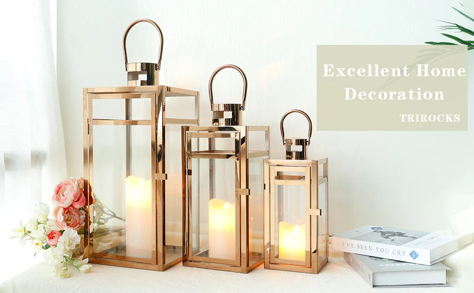 Set Of 3 Rose Gold Stainless Steel Candle Lanterns 19 Inch