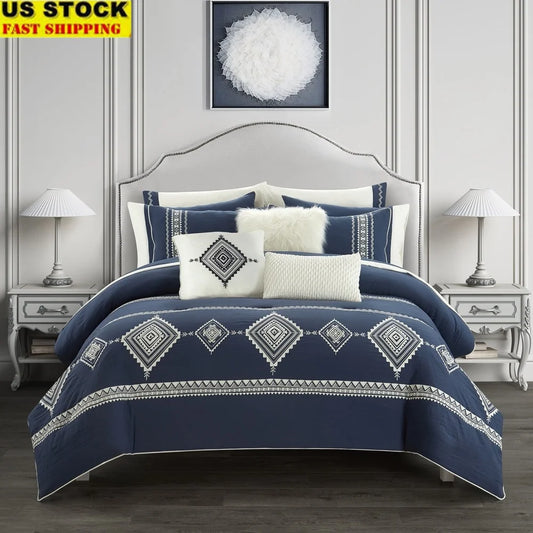 Navy 12 Piece Bed in a Bag Comforter Set with Sheets Decorative Pillows Soft Fabric Queen Bedding Set Machine Washable Durable
