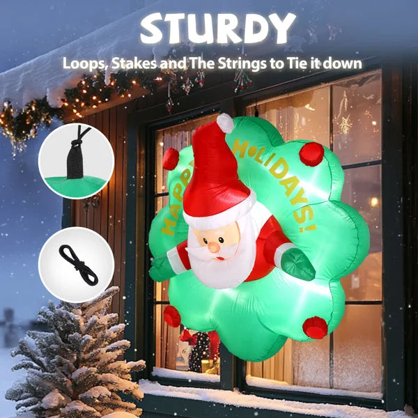 4 Foot Inflatable Santa Window Decor With Wreath LED Lights