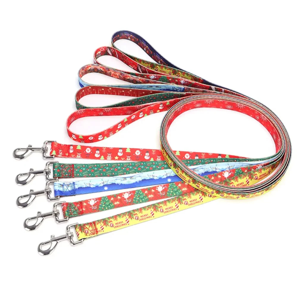 Christmas Dog Rope Set Collar Harness Santa Printed Spiked