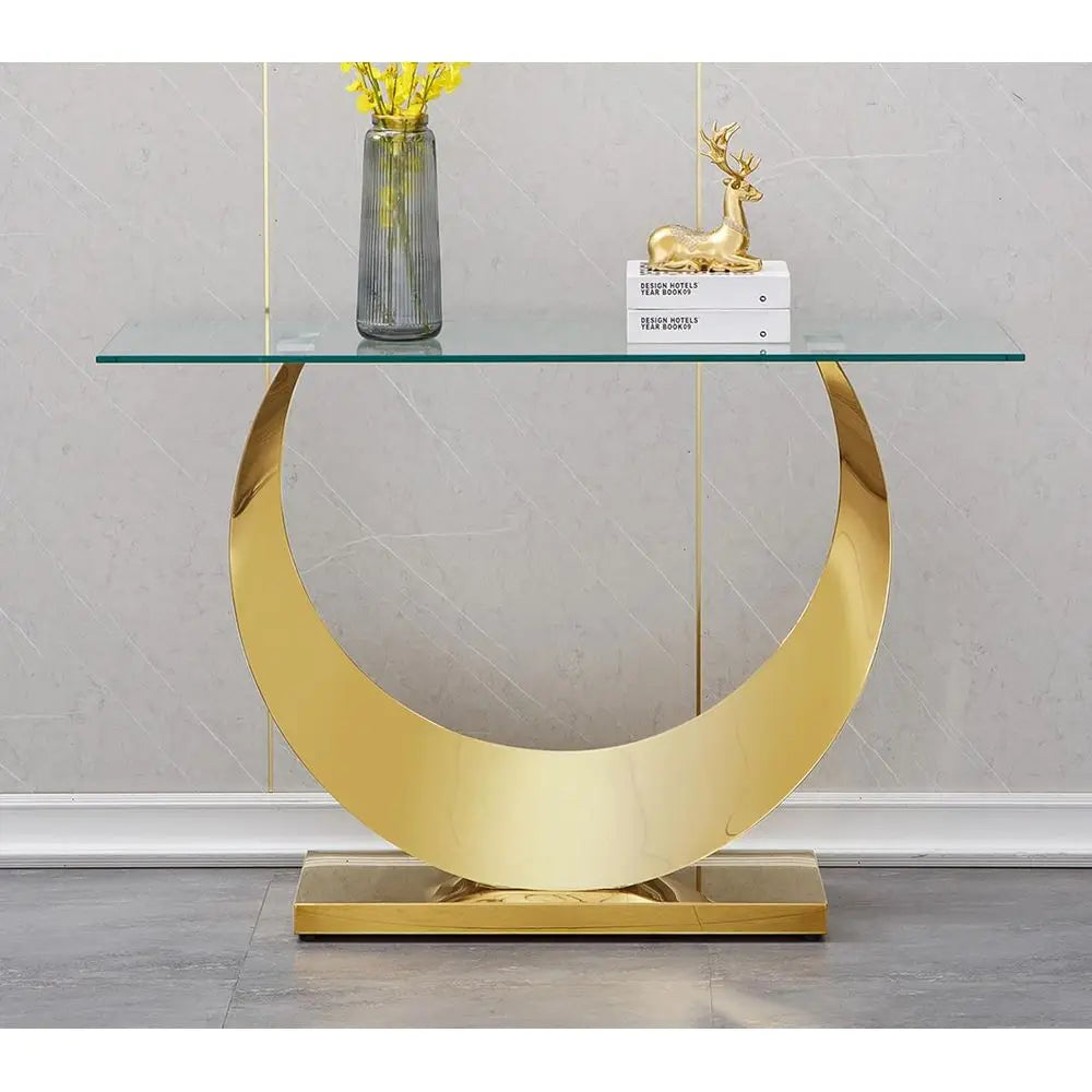 Elegant 47 Inch Slim Entryway Console Table With Tempered Glass And Gold Accents