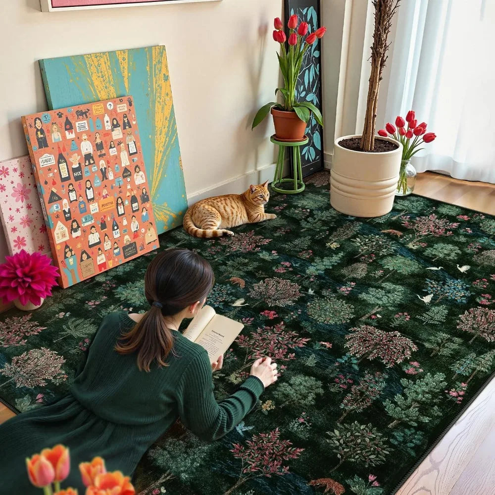 Forest Print Washable 8x10 Area Rugs Dark Green Rugs for Living Room Non Slip Ultra Thin Soft Boho Floral Bedroom Carpet