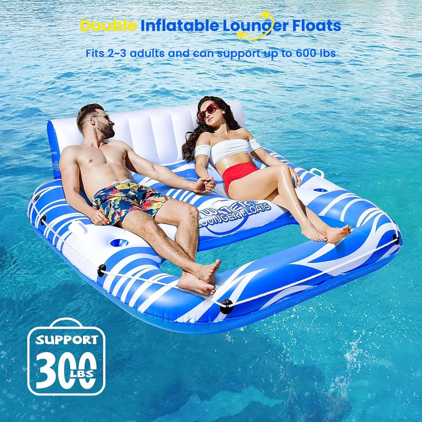 Large Inflatable Pool Lounger Cup Holders Backrest Footrest For Adults 300 Lbs