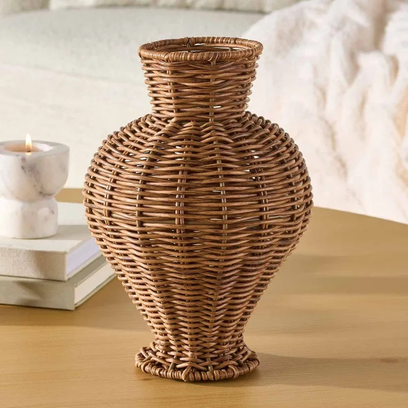 Woven Faux Rattan Indoor Vase 10 Inch Brown Bamboo And Wood Boho Home Decor