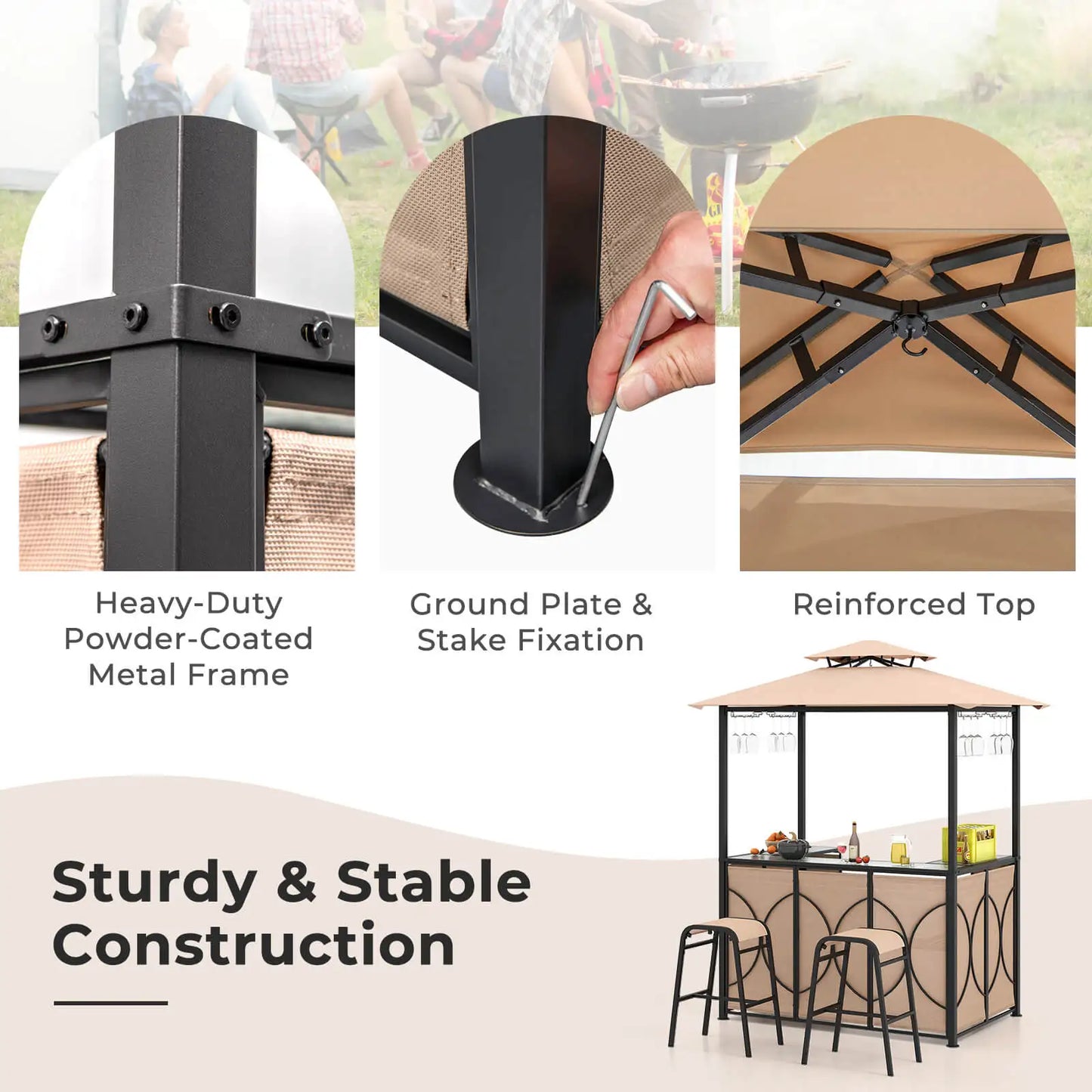 3 Piece Patio Bar Set Tempered Glass Bar Table And Metal Storage Shelves Brown