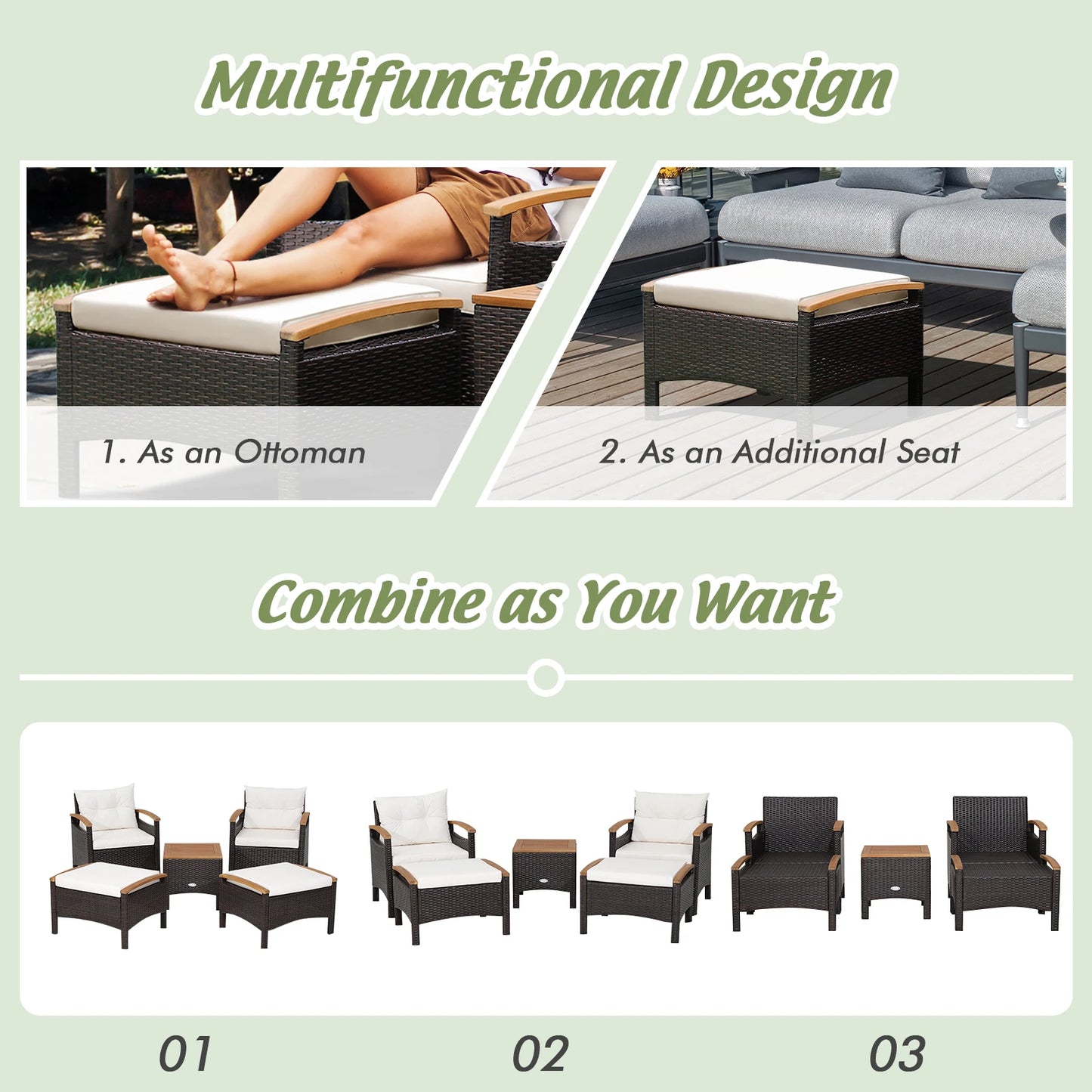 5 Piece Patio Rattan Furniture Set Sofa Ottoman Cushioned Table With Wood Top