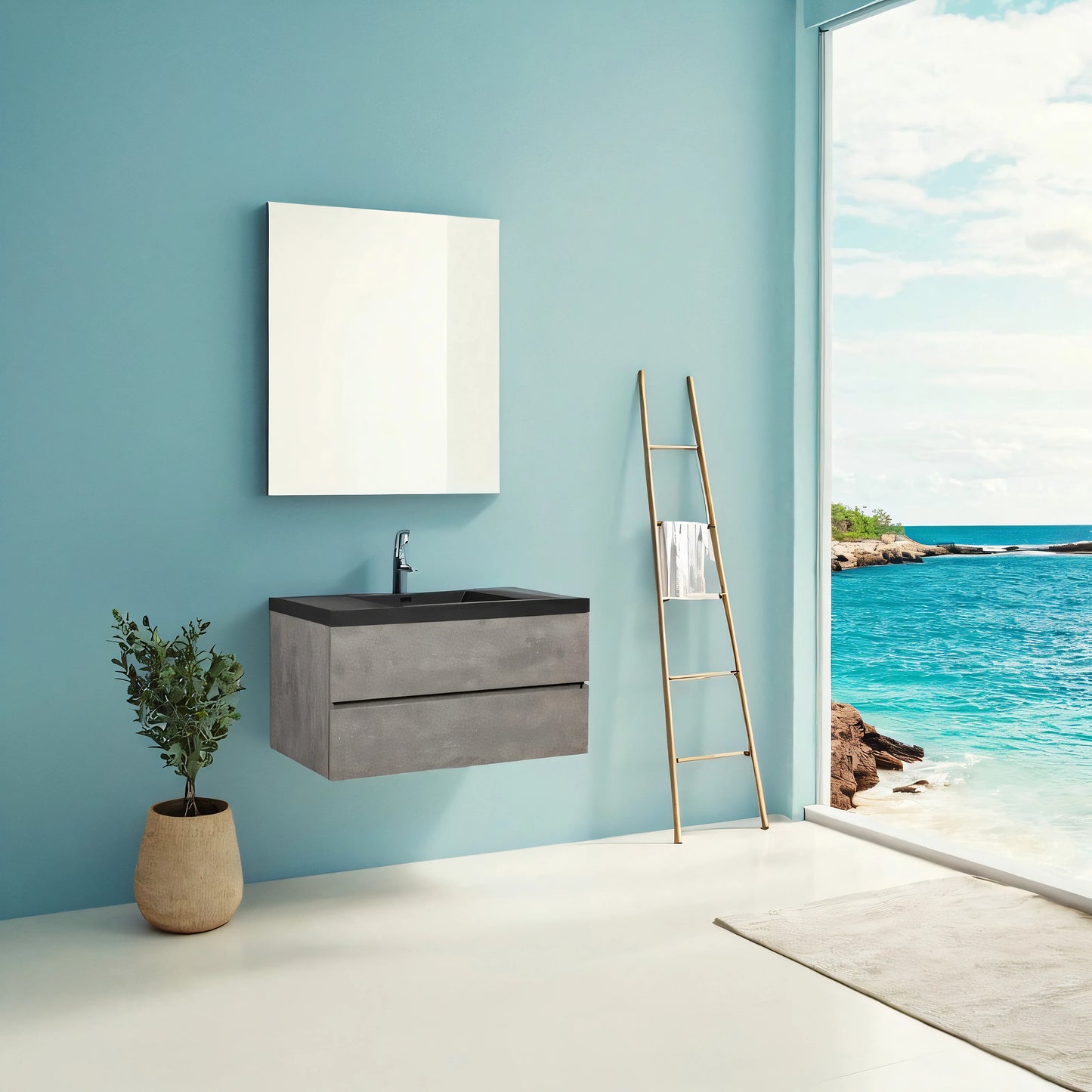 48 Inch Floating Bathroom Vanity With Sink Black Quartz Top