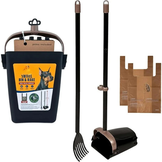 Dog Poop Scooper Swivel Bin With Rake Black Scented Bags