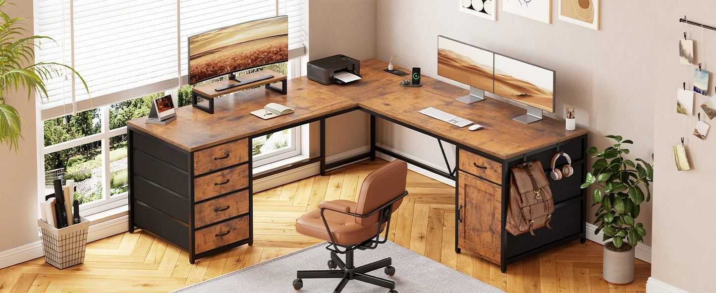 63 Inch L Shaped Corner Desk With 5 Drawers And Power Outlet For Home Office