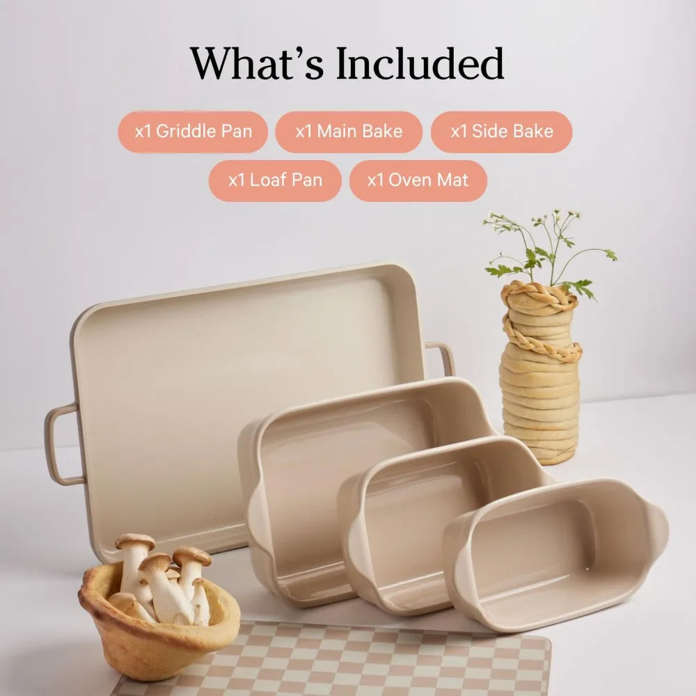 Bakeware Set 5 Piece Nonstick Toxin Free Ceramic Cast Aluminum Set with Oven Pan Bakers and Oven Mat