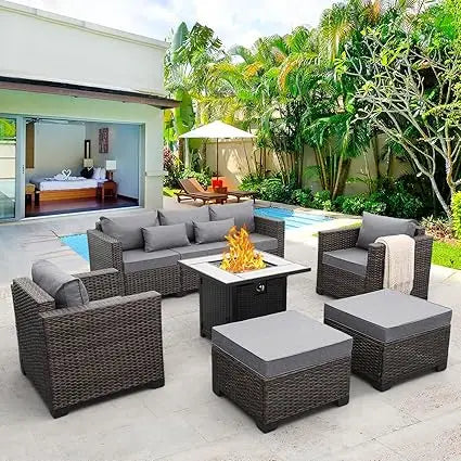 Six Piece Outdoor Patio Furniture Set With Modular Rattan Sofa And Fire Table