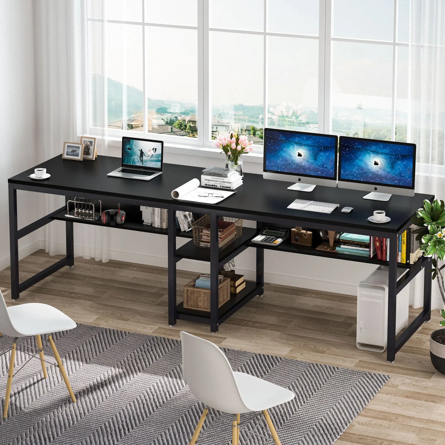 Tribesigns Two Person Desk With Bookshelf Rustic Office