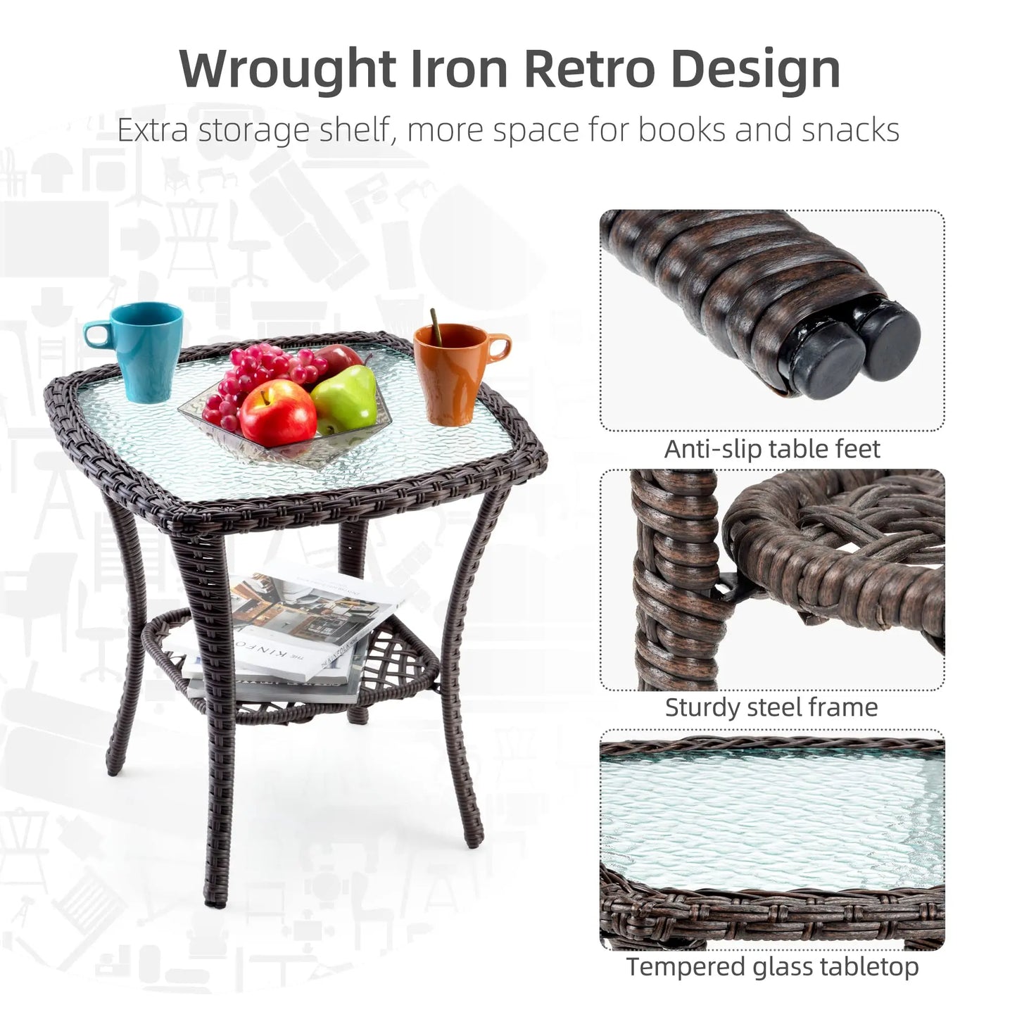 3 Piece Wicker Swivel Rocker Patio Set With Glass Side Table Outdoor Bistro