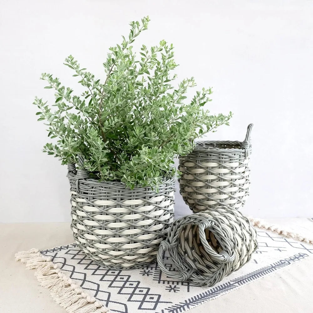 3 Pack Hand Woven Wicker Baskets With Handles Gray Beige