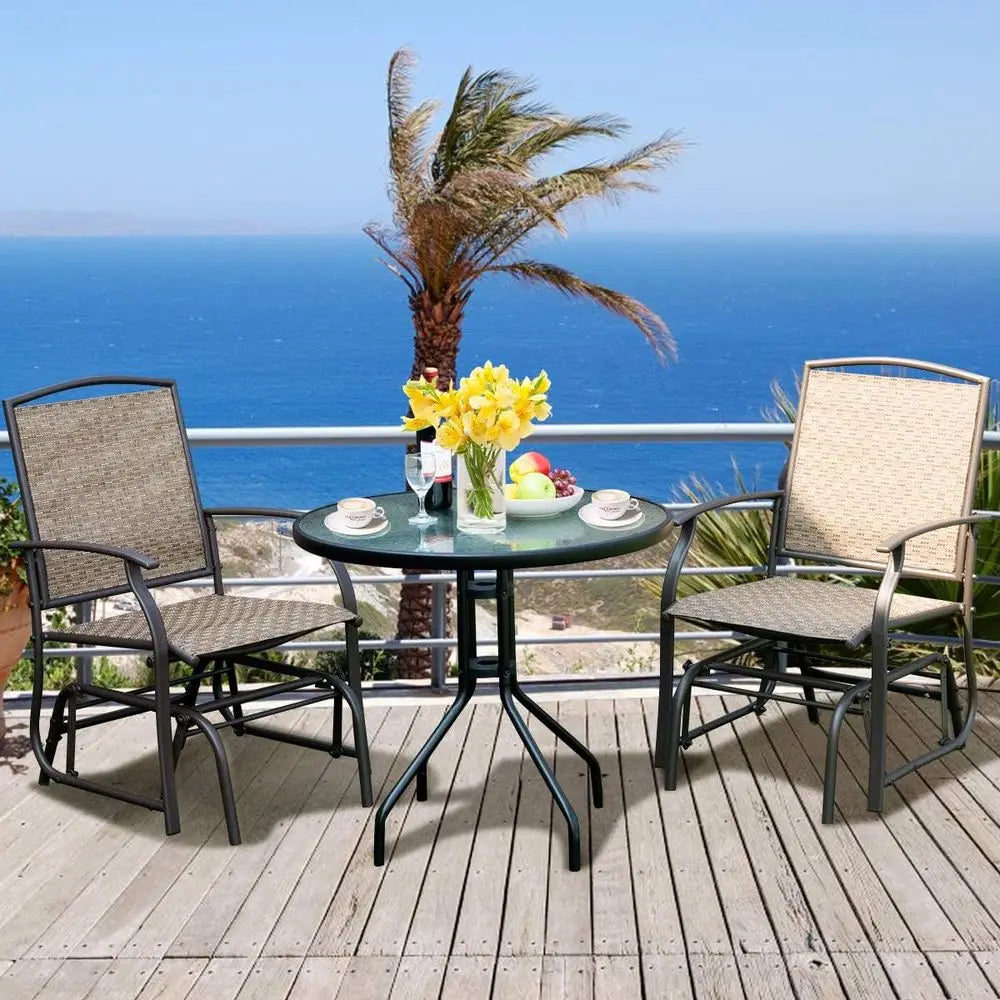 3 Piece Patio Swing Set With Glass Table Umbrella Hole And Rocking Chairs