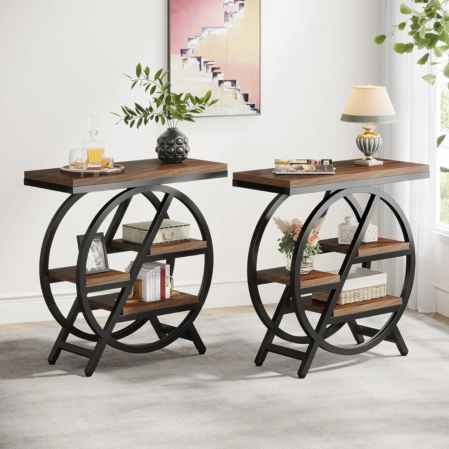 3 Tier Narrow Side Table With Storage Geometric Metal Frame