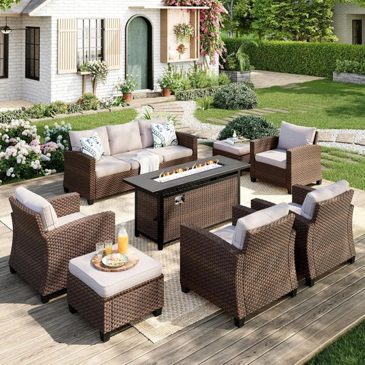 Eight Piece Rattan Patio Furniture Set For Outdoor Leisure And Garden
