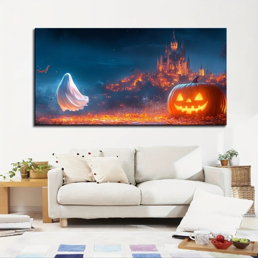 One Point Five Inch Thick Pine Wood Frame Halloween Canvas Wall Art Black Castle