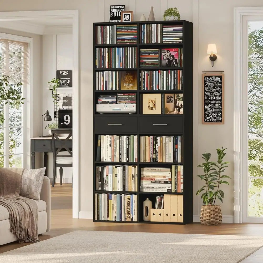 73 Inch High 7 Tier Black Wood Bookshelf Double Wide With Storage For CD DVD