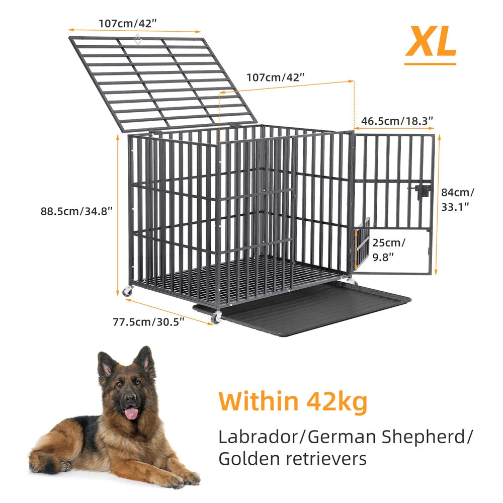 XXL Heavy Duty Dog Crate With Lockable Wheels And Tray Square Tube Metal Kennel