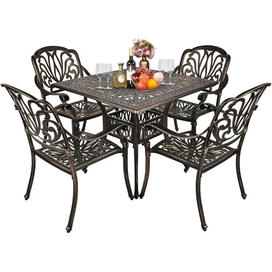 Bronze Aluminum Outdoor Patio Dining Set With 4 Chairs And Umbrella Table