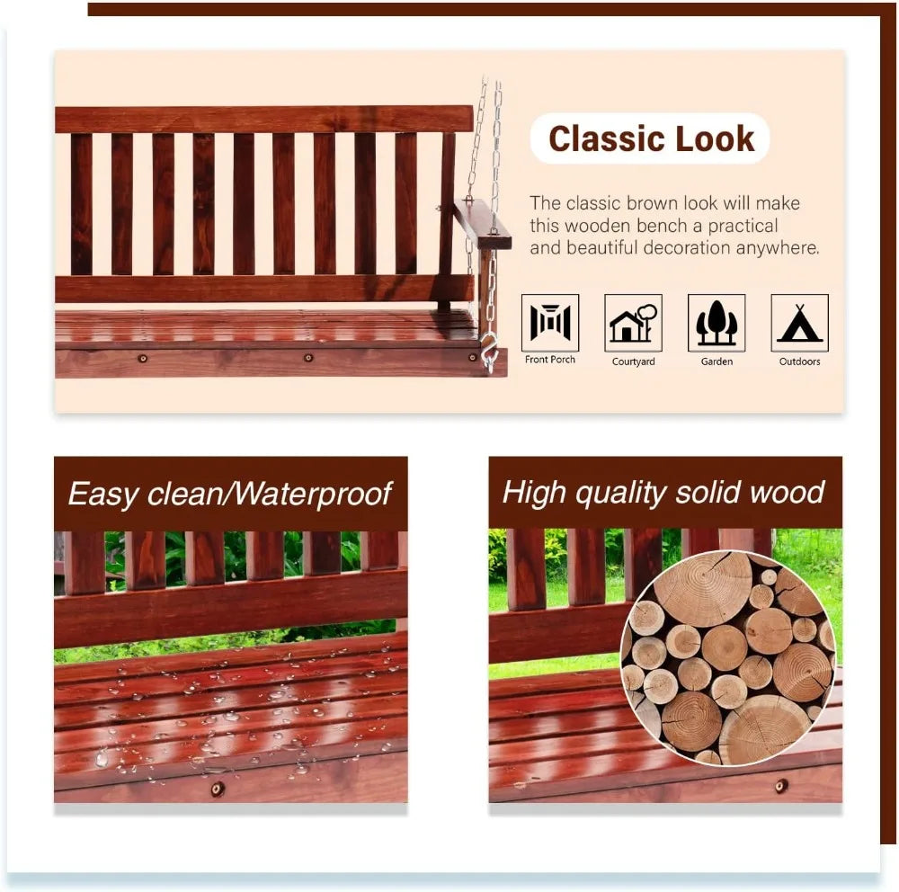 4 Ft Outdoor Wooden Porch Swing Bench 800 Lbs Capacity Adjustable Chains Patio