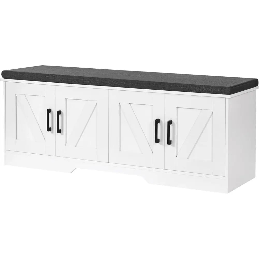 2-Tier Storage Bench With Padded Seat Cushion Entryway Barn Door Shelves