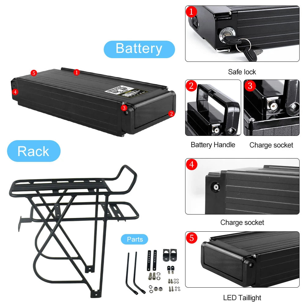 Rear Rack Battery 36V15Ah 48V15Ah 52V20Ah 24 26 28 Inches